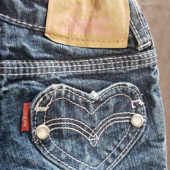 Levis Jeans Denim Straight Leg Heart Pockets Bejeweled Pink Stitching 12 Month - Picture 4 of 4